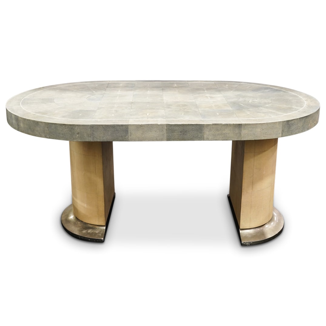 Ron Seff "RaceTrack" Dining Table Top: DESCRIPTION: Ron Seff "RaceTrack" shagreen table with oval form and bone inlay top, completed with two semi-circle goatskin lacquered supporting bases with silver leaf detail. CIRCA: 1980s ORIGIN: USA