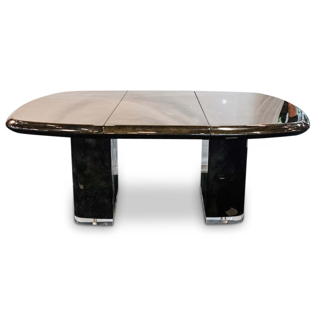 Ron Seff "Cushion Shaped" Goatskin Lacquered Dining Table: DESCRIPTION: Ron Seff "Cushion Shaped" dark goatskin Lacquered Dining table with lucite sabots and expandable design. Item Was Directly Purchased From Remaining Inventory Of Ron Seff LTD New York CIRC