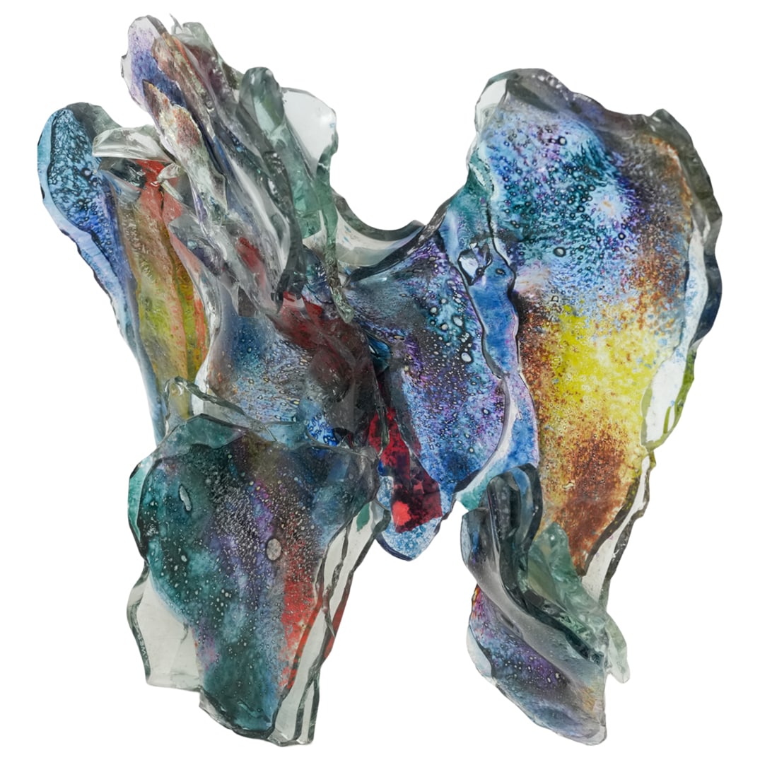 Signed A. Werner Art Glass Sculpture: DESCRIPTION: Signed "A. Werner" freeform art glass sculpture, featuring textured and multicolored glass. Signed at base. Gallery sticker attached to verso. Provenance: Wally Findlay Galleries Div. W.C