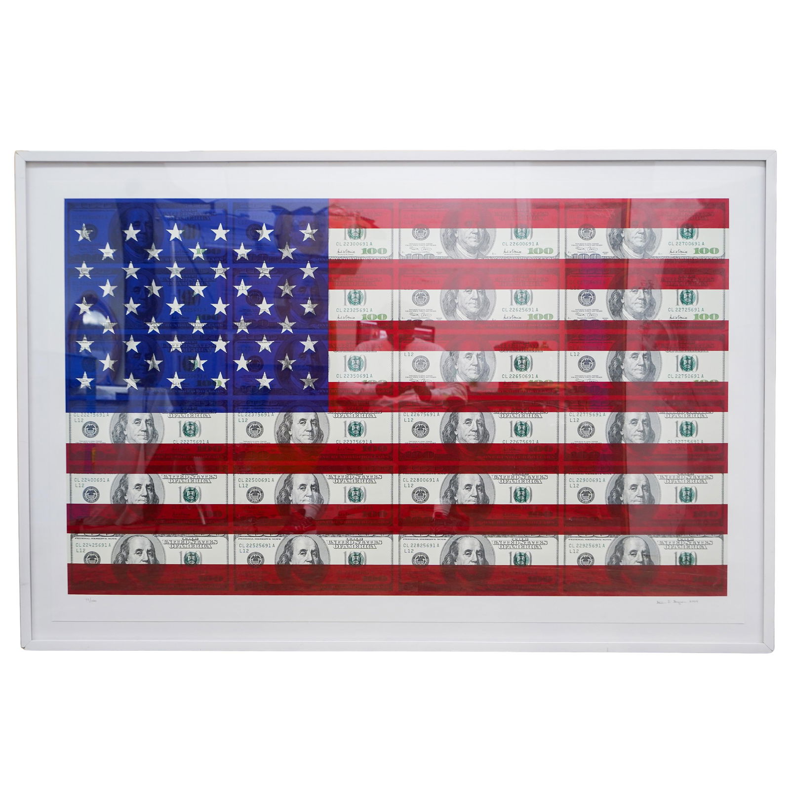 Steven Gagnon (USA B1973) $100 US Flag Serigraph: DESCRIPTION: Steven D. Gagnon Limited edition serigraph on coventry paper depicting the American Flag with $100 dollar bills. Pencil signed to l.r. and dated '2004' Numbered '77/100' to lower left. Mo