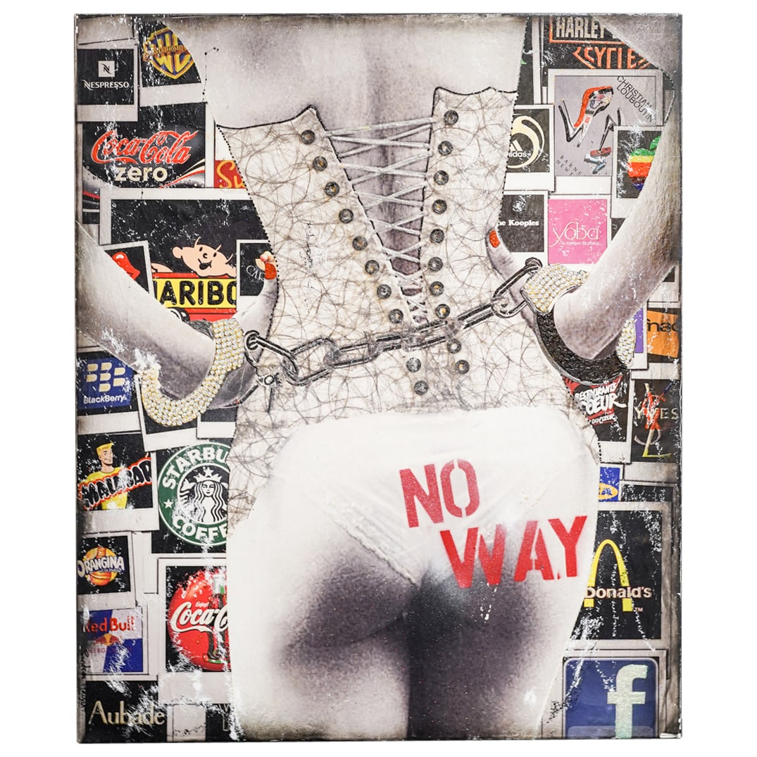 Sandrine Hayat (French, B. 1971) No Way Mixed Media on Canvas: DESCRIPTION: Sandrine Hayat (French, B. 1971) "No Way" Mixed media on canvas, showcasing a woman's lower torso wearing a corset with the words "NO WAY" stenciled in red against a collage of famous bra