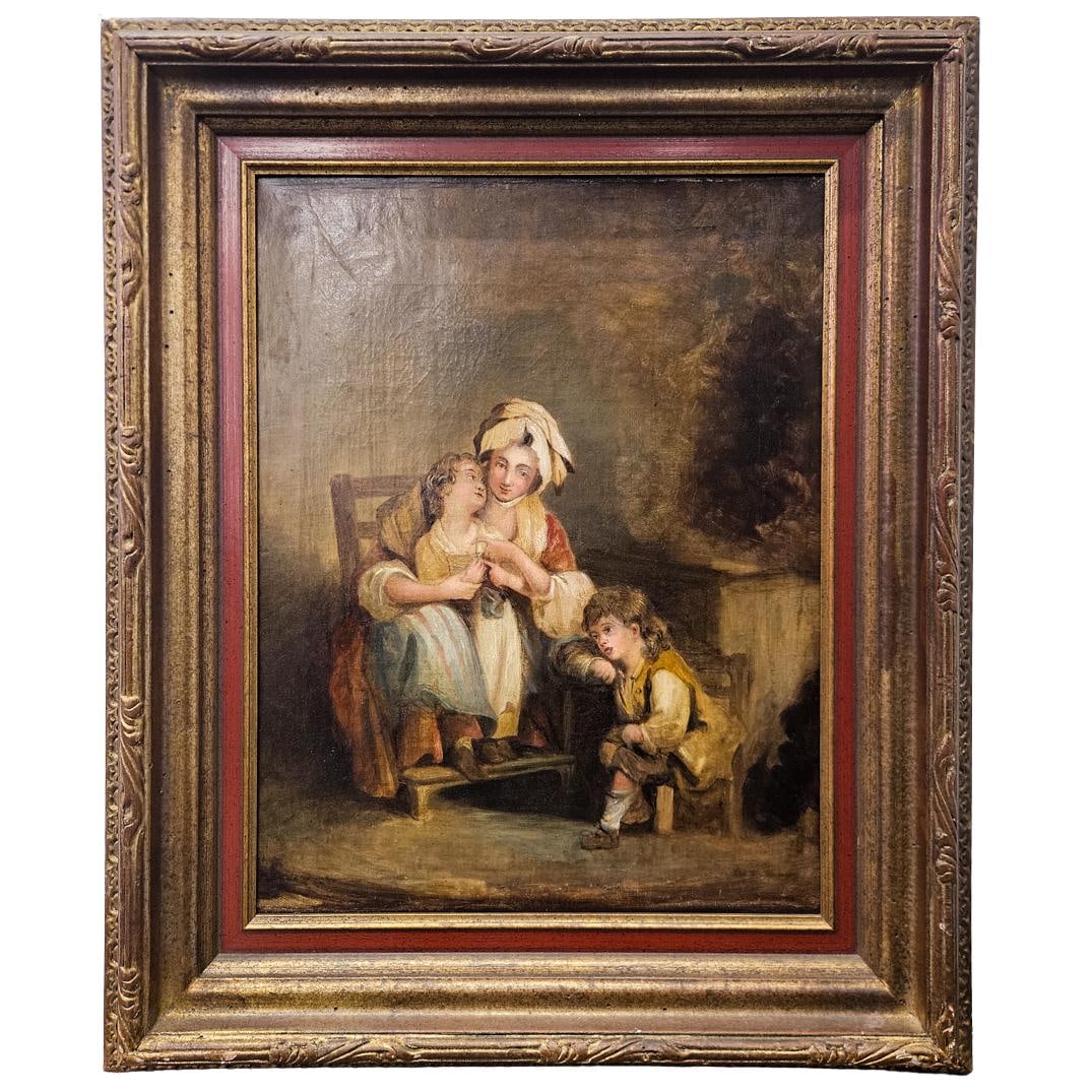 19th Century Oil on Canvas Pastoral Family Scene: DESCRIPTION: 19th Century oil on canvas painting, depicting an intimate family scene, featuring the central figure, a woman wearing a white bonnet and traditional clothing lovingly holding the hands o