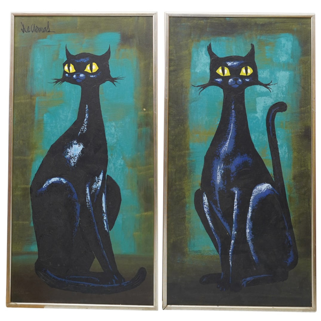 Pair Signed Mid Century Oil on Masonite Black Cat Paintings (1 of 6)
