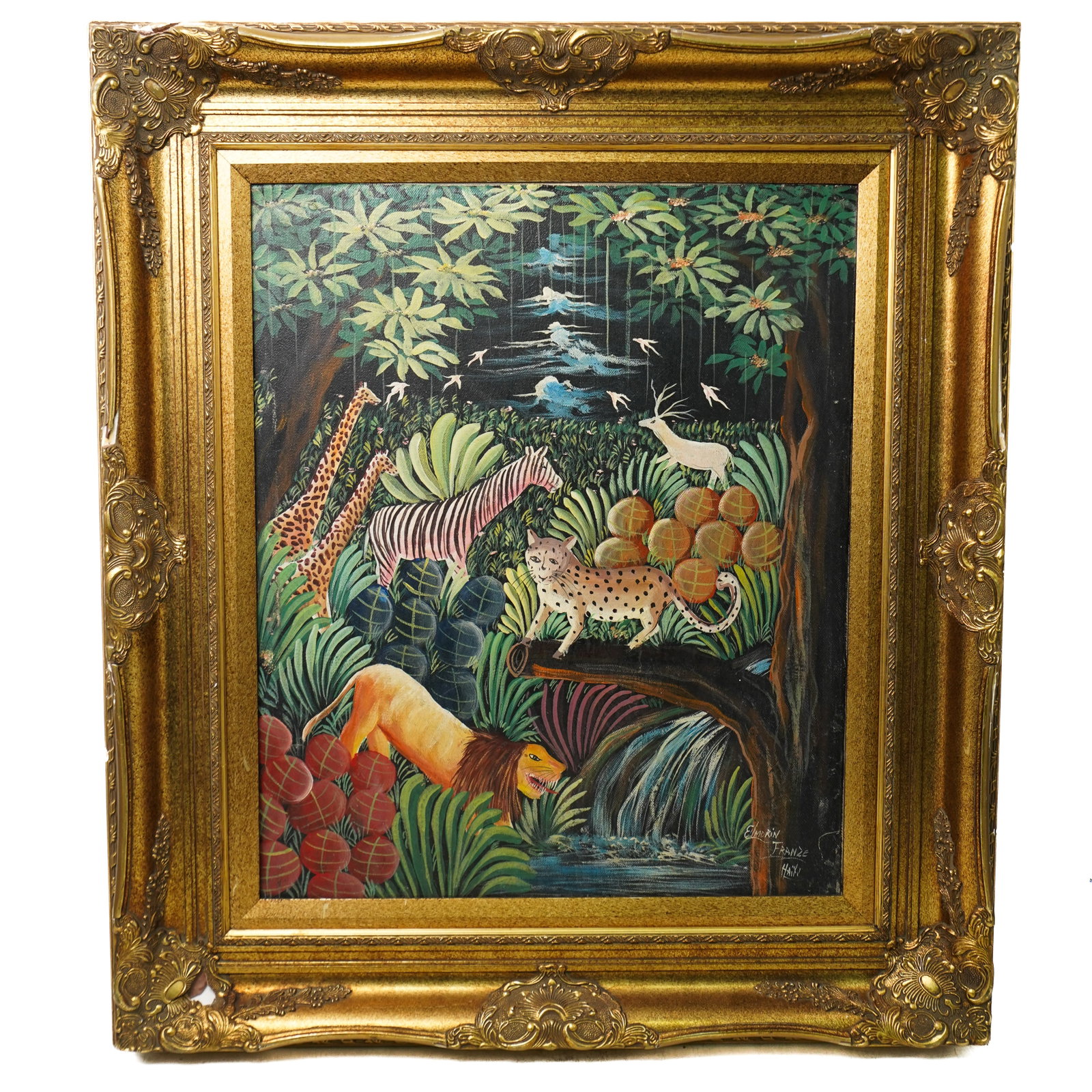 (Haitian) Jungle Scene Acrylic on Canvas Painting: DESCRIPTION: (Haitian) acyrlic on canvas painting depciting a jungle scene with vibrant animal imagery, Mounted in ornate carved frame. Signed l.r. 'Elmorin, Franze, Haiti' CIRCA: 20th Cent. ORIGIN: H