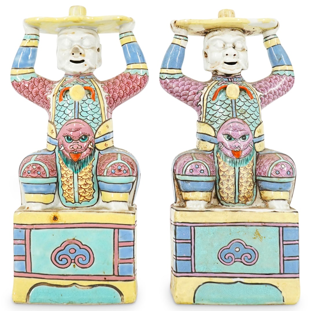 Pair Of Antique Famille Rose Export Figural Porcelain Candlesticks (1 of 8)