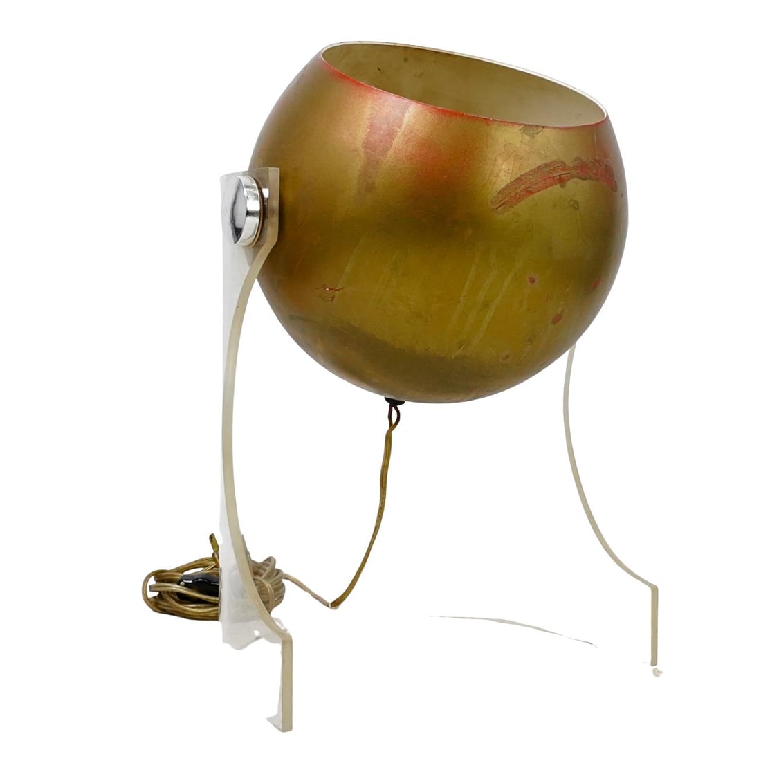 Gino Paoli-Style Italian Mid-Century Brass Lamp: DESCRIPTION: Mid-century brass and acrylic table lamp in a Gino Paoli-style "eyeball" design. Wire marked AIWR. Electrified. CIRCA: Mid-Late 20th century ORIGIN: Italy DIMENSIONS: H: 15" W: 10" L: 9 3