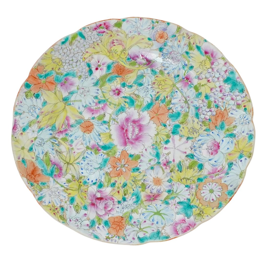 Chinese Tongzhi Famille Rose Porcelain Charger: DESCRIPTION: Chinese Qing Dynasty Tongzhi period, porcelain charger featuring famille rose decoration throughout. The plate is adorned with an intricate all-over floral design covering the entire fron