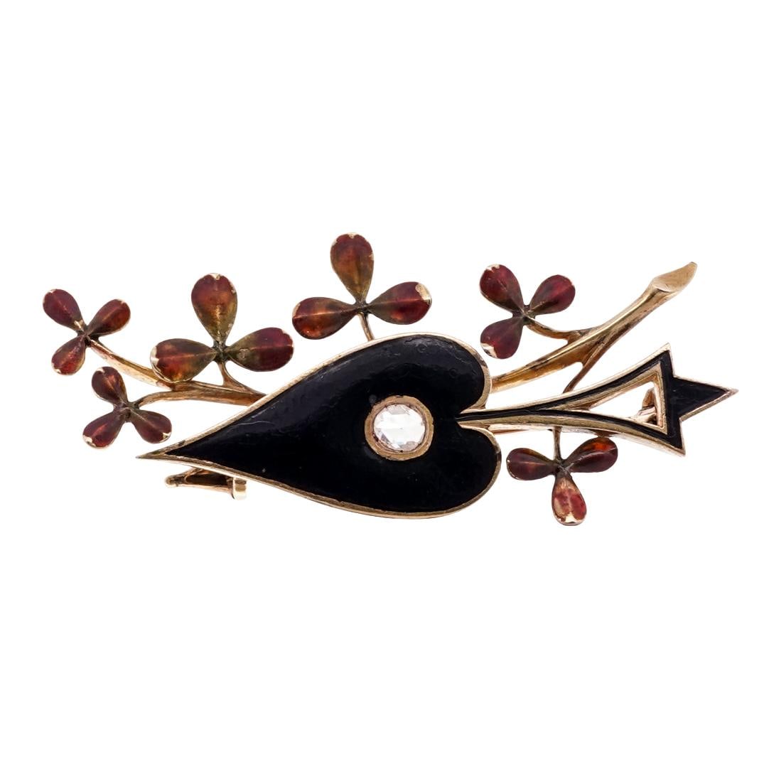 Art Nouveau 18k Gold Diamond and Enamel Spade Brooch (1 of 3)
