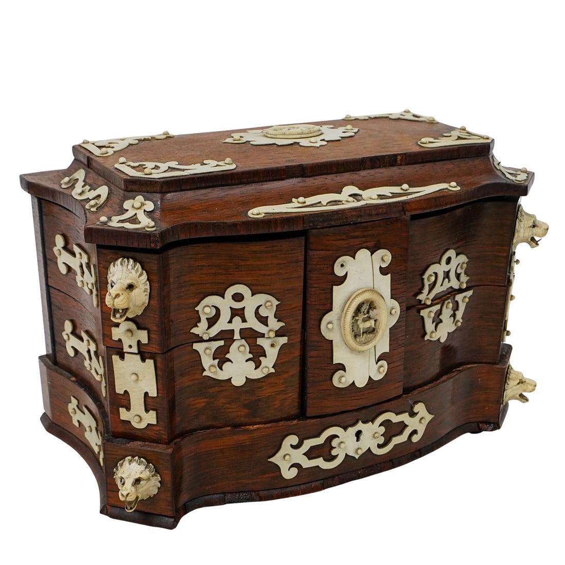 French 19th Cent. Napoleon III Bone Inlaid Jewelry Box: DESCRIPTION: French 19th Century Napoleon III bone inlaid jewelry box, designed with five separated compartments, in three levels. The hand crafted rare wooden box is embellished with boulle-style mar