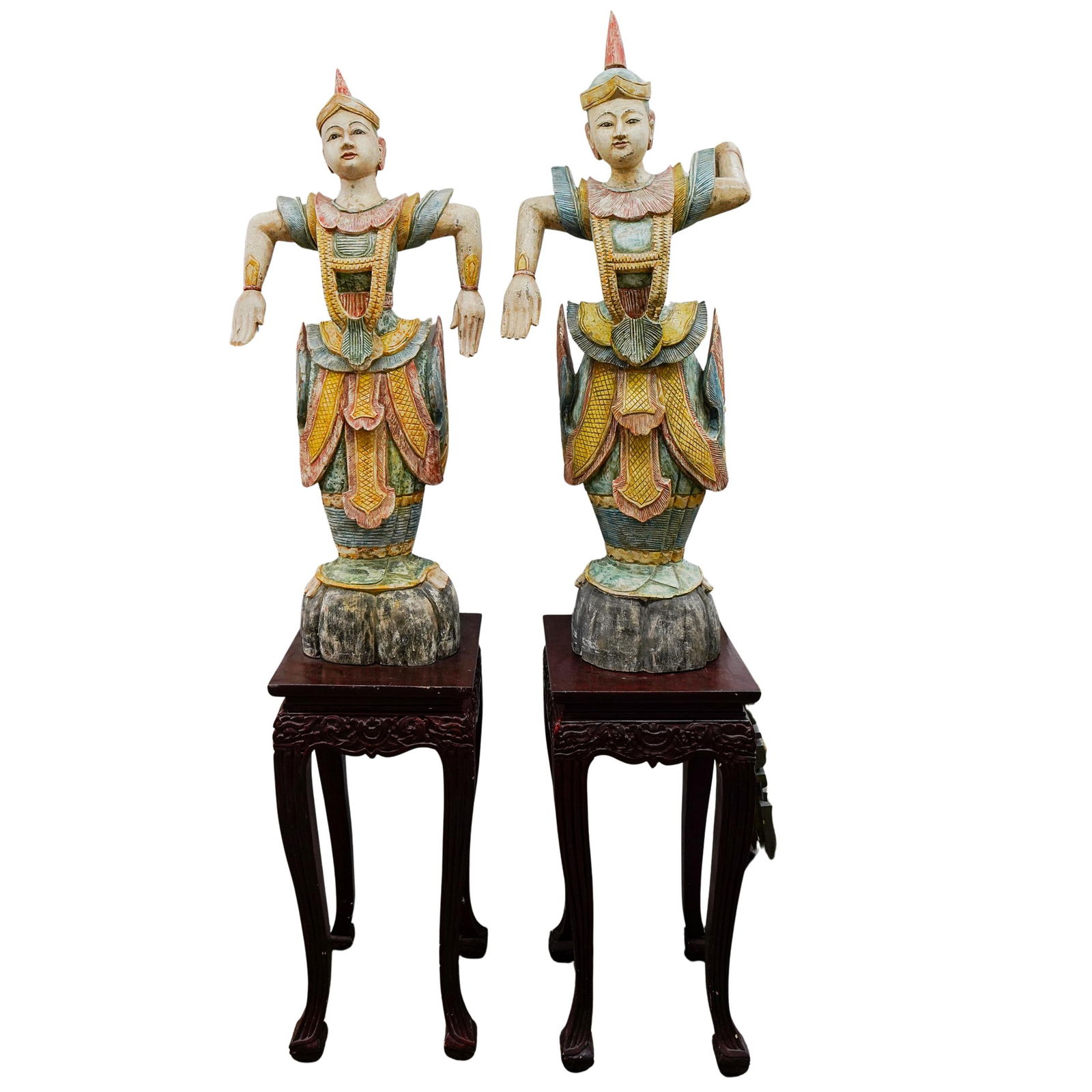 (2 Pc) Vintage Burmese Carved Wooden Soldier Statues (1 of 7)