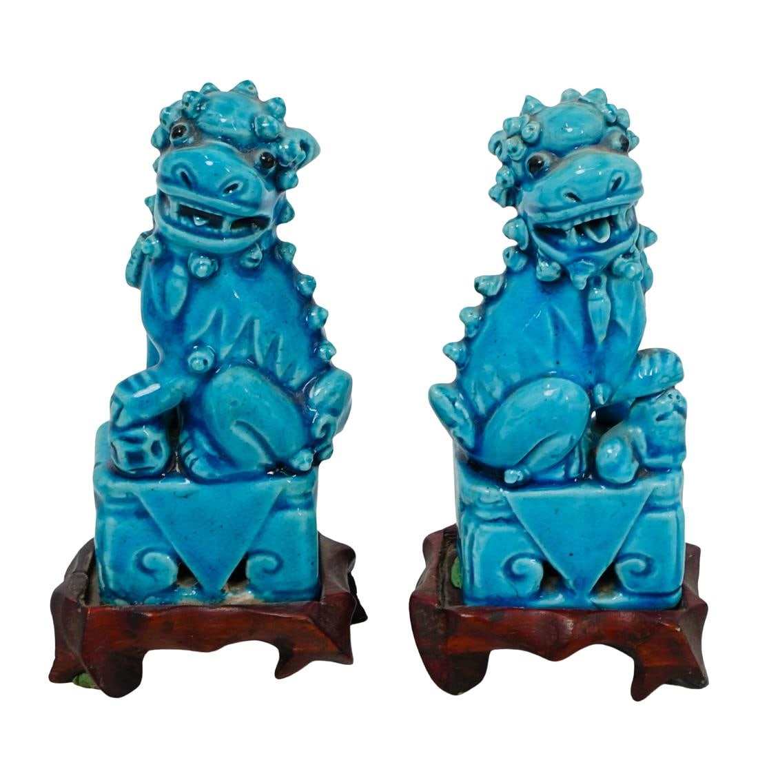 Pair of Chinese Turquoise Glazed Porcelain Foo Dogs (1 of 6)