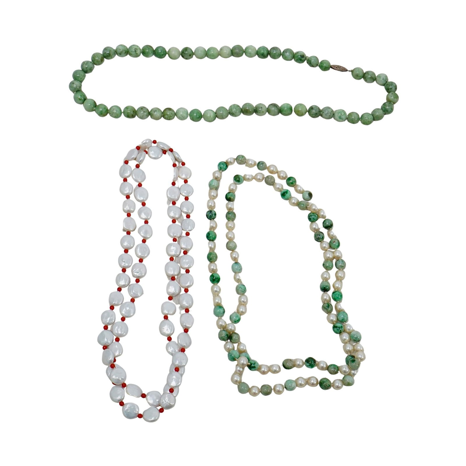 (3 Pc) Pearl & Jadeite Beaded Necklaces Grouping (1 of 7)