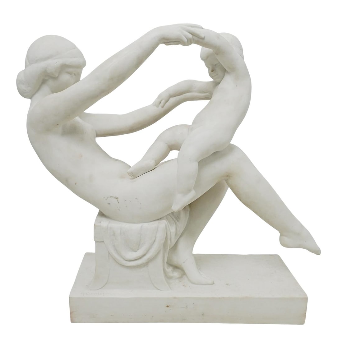 Gaston Contesse (French, 1870-1946) 'Maternity' Sculpture: DESCRIPTION: Gaston Contesse (French, 1870-1946) 'Maternity' biscuit porcelain sculpture, depicting a mother playing with a child on a rectangular base. Circa 1925. With engraved signature "A. Contess