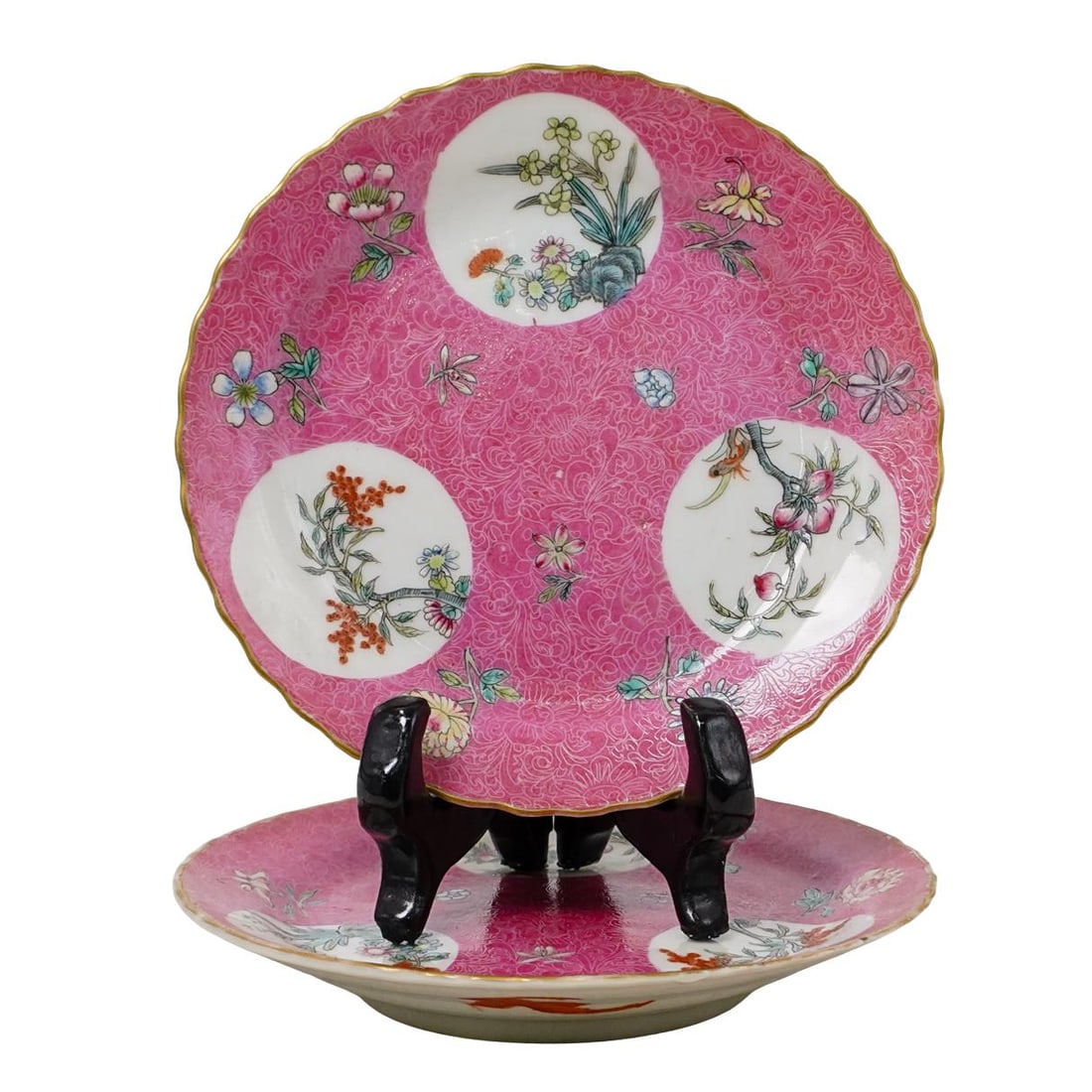 Pair of Pink Ground Sgraffito Famille Rose Porcelain Dishes: DESCRIPTION: Pair of Republic Period extremely fine pink ground sgraffito famille rose porcelain dishes, featuring a rich pink ground with delicate floral and swirling patterns, white circular reserve