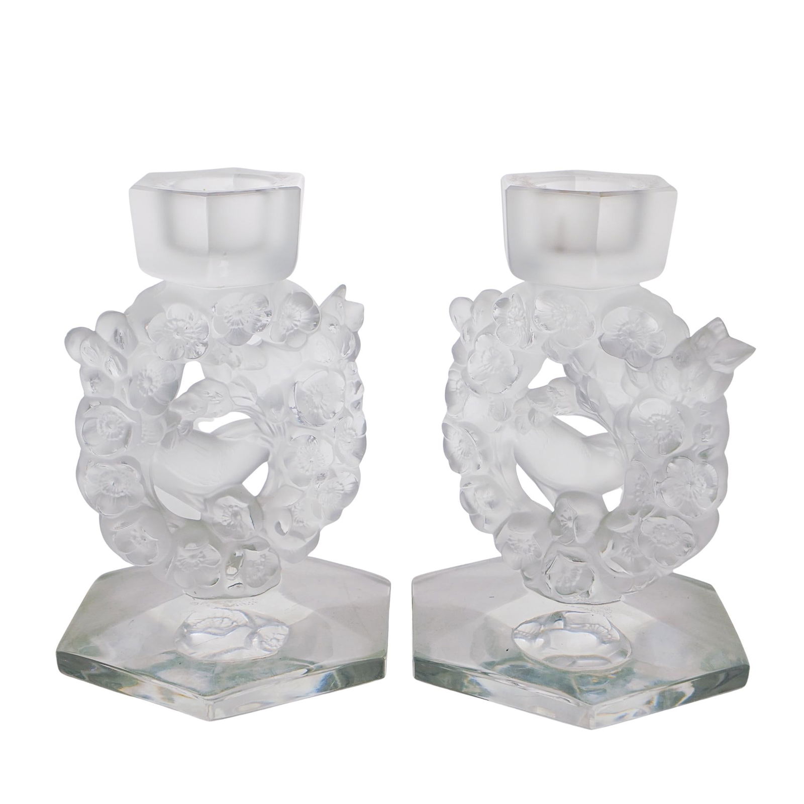 (2 Pc) Lalique Crystal "Mesanges" Candlestick (1 of 6)