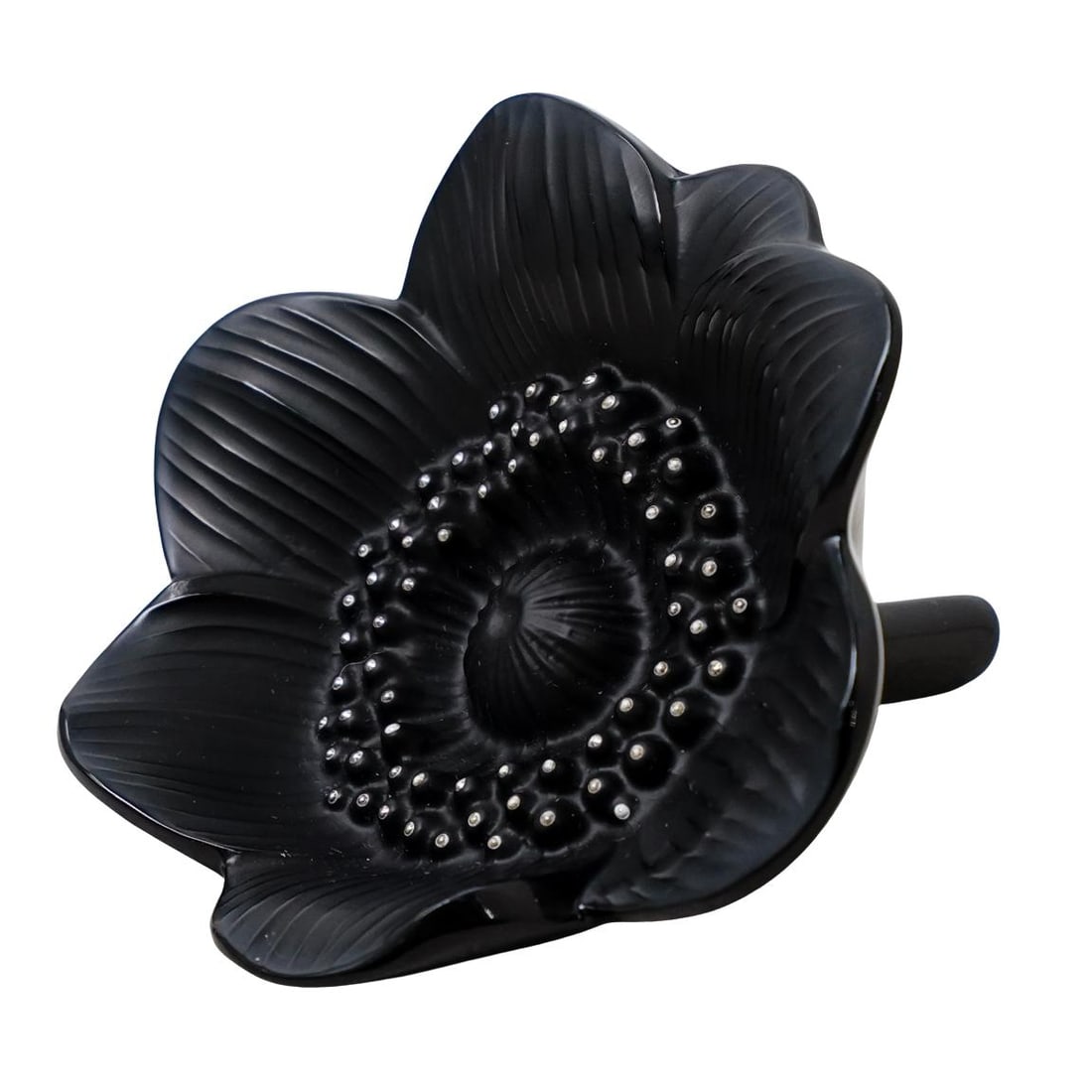 Lalique Anemone Noir Crystal Paperweight Figurine: DESCRIPTION: A Lalique Anemone Noir crystal paperweight figurine. Depicting a large flower in black crystal. Marked with engraved signature "Lalique" and "Made in France". With original box. CIRCA: 20
