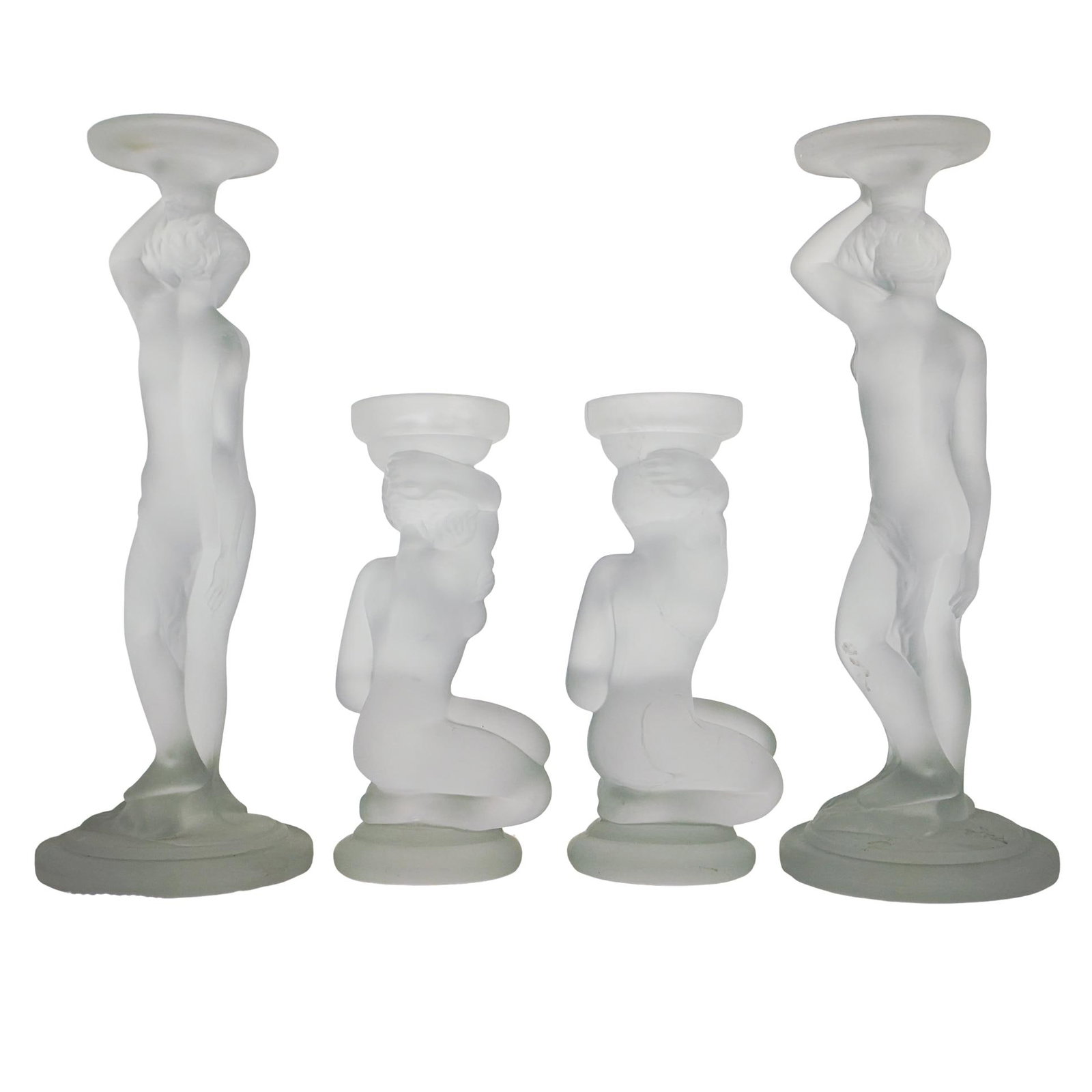 (4 pcs) Frosted Crystal Figural Candle Holders: DESCRIPTION: x2 Shorter frosted crystal candle holders featuring nude female figures -Measure L: 6" W: 2" x2 Taller frosted crystal candle holders featuring nude female figures -Measure L: 9" W: 3 1/2