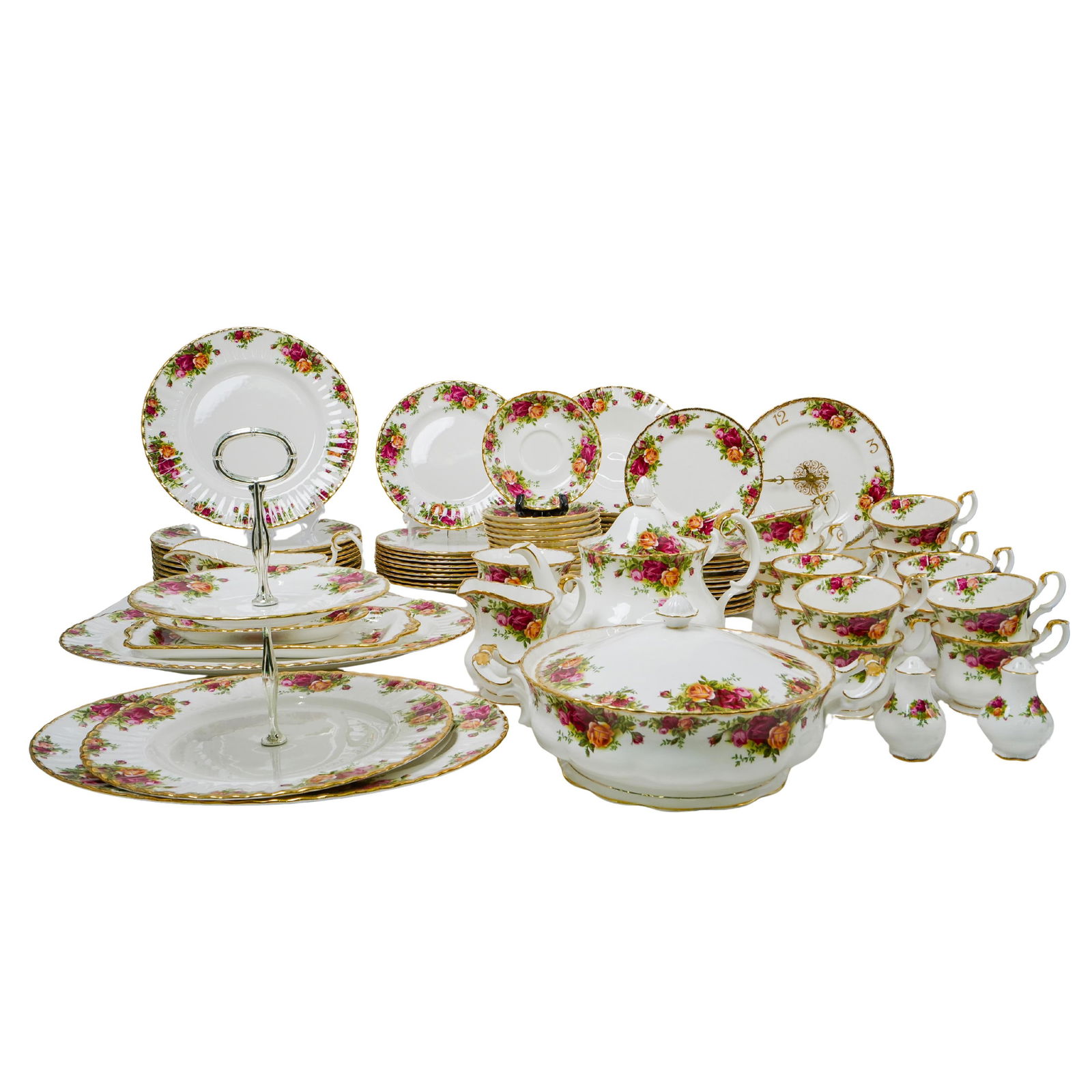 (93 Pc) Royal Albert "Old Country Roses" Porcelain Set: DESCRIPTION: (93 Pc) Royal Albert bone china tableware set, each piece of which has a rose motif in the pattern "Old Country Rose". Marked "Royal Albert England". This set includes: (10) dinner plates