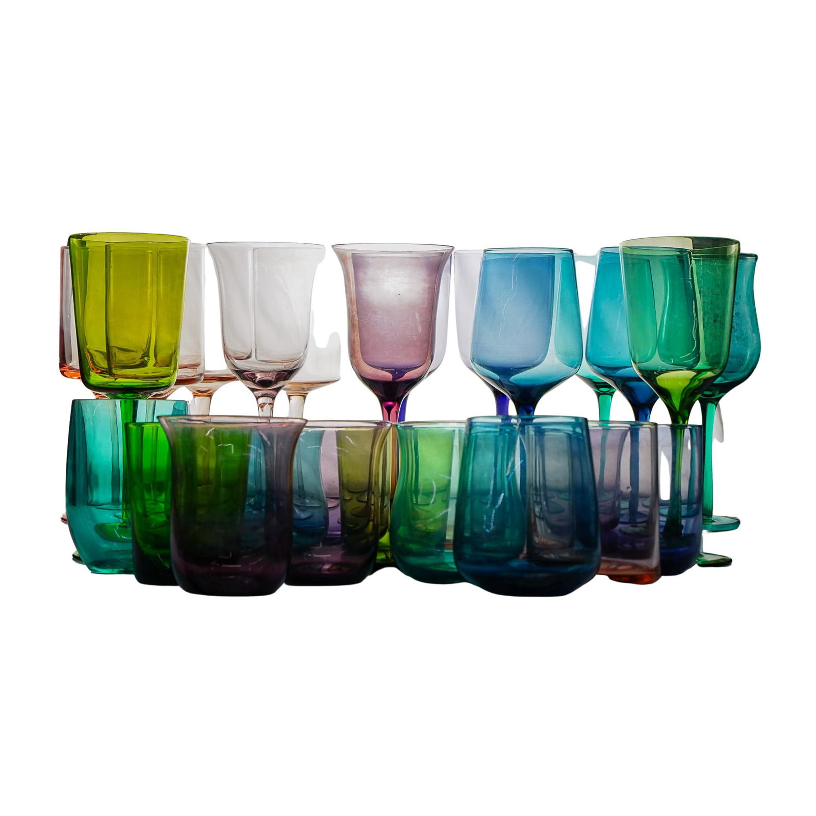 (29 pcs) Bitossi Home Assorted Glassware: DESCRIPTION: x14 Stemmed wine glasses, assorted types -Measures approx. H: 9 1/4" W: 3 1/2" x3 Stemless wine glasses, assorted types -Tallest measures H: 4 1/2" W: 3 1/8" -Shorter glasses measure H: 4