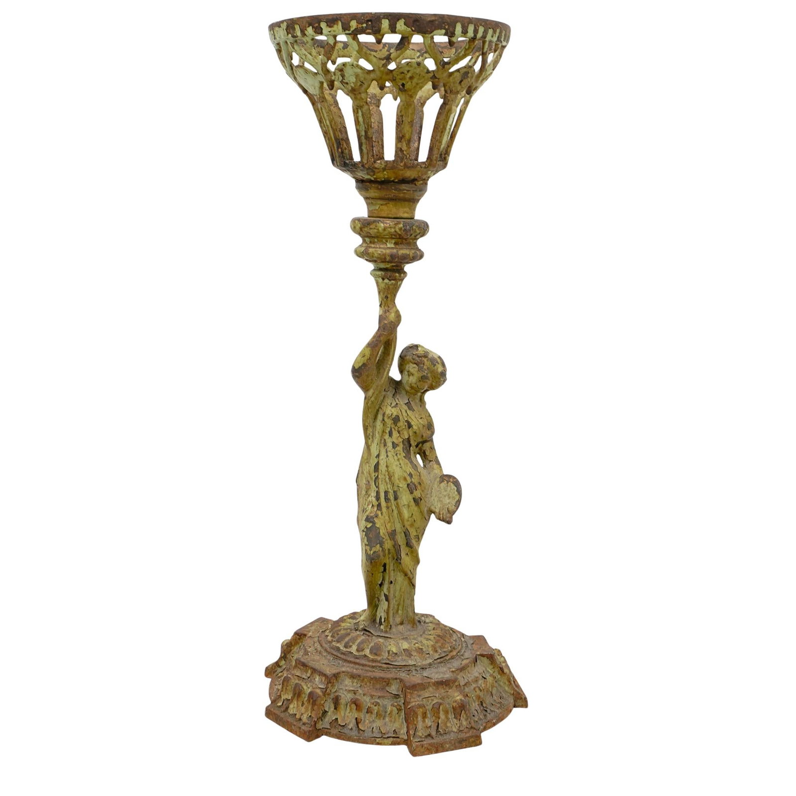 Figural Iron Planter: DESCRIPTION: Figural iron planter featuring classic figural depiction of a woman holding a torch. Torch makes up the construction of the planter top. CIRCA: 19th-20th century ORIGIN: Continental DIMEN