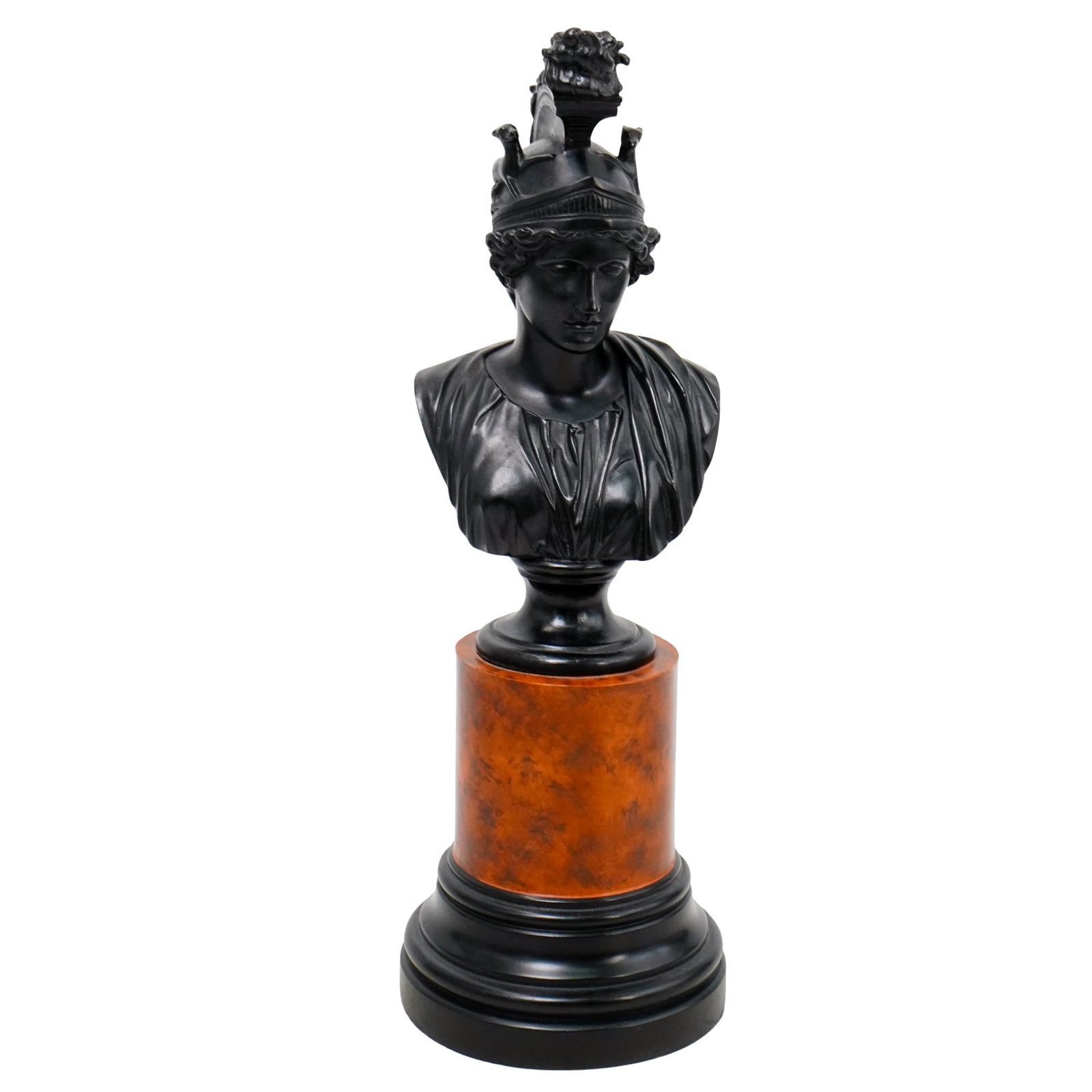 Composite Bust of Roman Figure: DESCRIPTION: Composite bust of a Roman figure, most likely a Roman goddess. Pedestal is composite with a wood-like look applied. CIRCA: 20th century ORIGIN: Continental DIMENSIONS: H: 14 1/2" W: 4 1/2