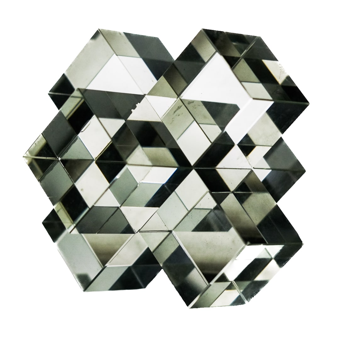 Glass Geometric Sculpture: DESCRIPTION: Mid-century clear glass geometric sculpture. CIRCA: 20th century ORIGIN: Continental DIMENSIONS: H: 5 3/4" W: 5 3/4" CONDITION: Great Unless otherwise stated, all information provided is 