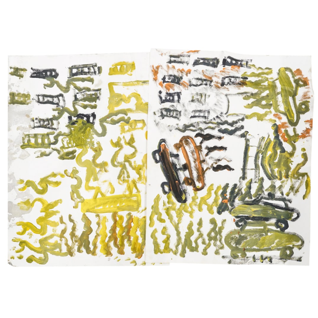Purvis Young (American, 1943-2010) Mixed Media On Paper: DESCRIPTION: Purvis Young (American, 1943-2010) Mixed media painting on paper, featuring Purvis' traditional abstract figures and automobiles. Inventory number at reverse "P48-08" CIRCA: 20th Century 