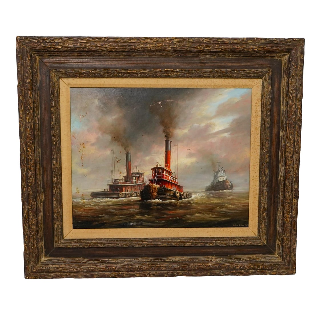 Melvin Miller (American, 1937-2007) "Tug Boats" Oil Painting: DESCRIPTION: This oil painting, depicts a maritime scene featuring tugboats navigating through choppy waters. The central focus is on a large red tugboat with a prominent smokestack emitting a faint p