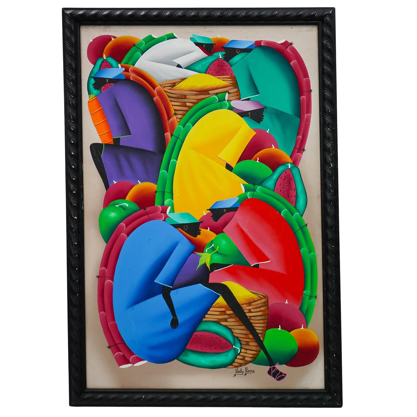Lesly Pierre (Haitian, 1958) Urban Market, Painting on Canvas: DESCRIPTION: This is a vibrant painting on canvas featuring an abstract depiction of people in traditional attire. The figures are stylized with exaggerated curved shapes, and their faces are minimall