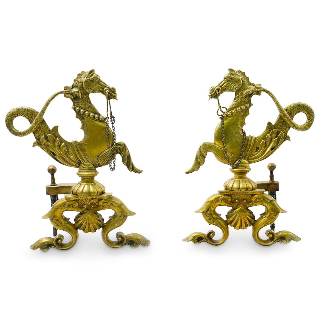 Vintage Decorated Brass & Cast Iron Dragon Horse Andirons (1 of 9)