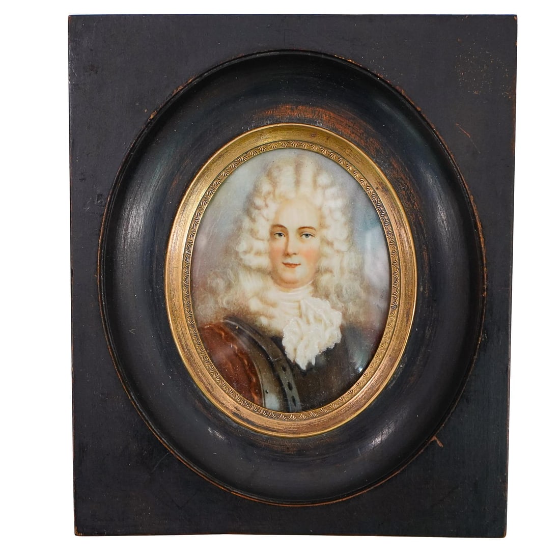 French Rococo RegalPortrait: DESCRIPTION: French Louis XV Rococo-miniature portrait featuring a man in a powdered wig. Signed "Beaux". Simple wooden frame with brass trim border around portrait. CIRCA: 19th century ORIGIN: France