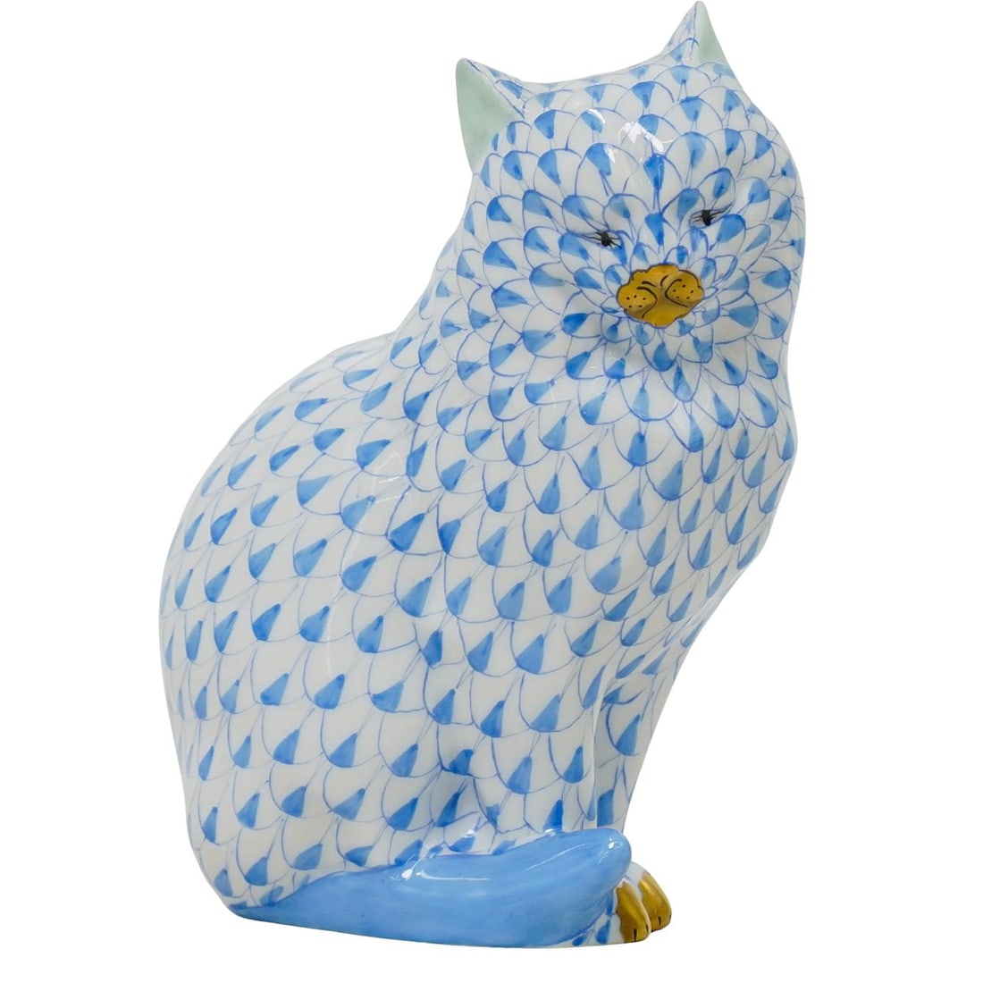Herend Porcelain "Sitting Cat" Blue Fishnet Figurine (1 of 5)
