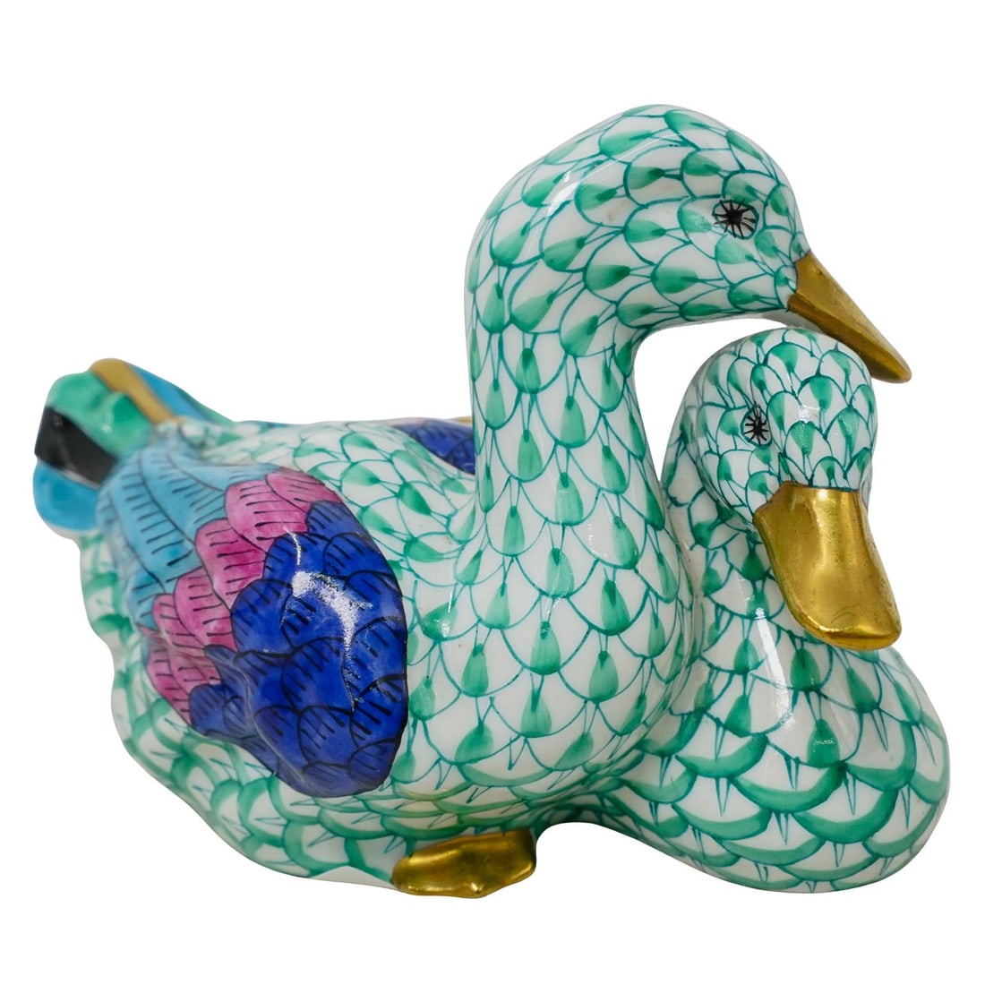 Herend Porcelain "Pair Of Ducks" Green Fishnet Figurine (1 of 5)