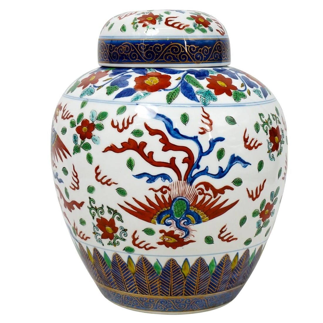 Vintage Japanese Porcelain Imari Urn: DESCRIPTION: This porcelain urn features cobalt blue, red, and gold accents on a white base, along with green and yellow colors. It showcases phoenix and floral patterns, with a blue and gold border o