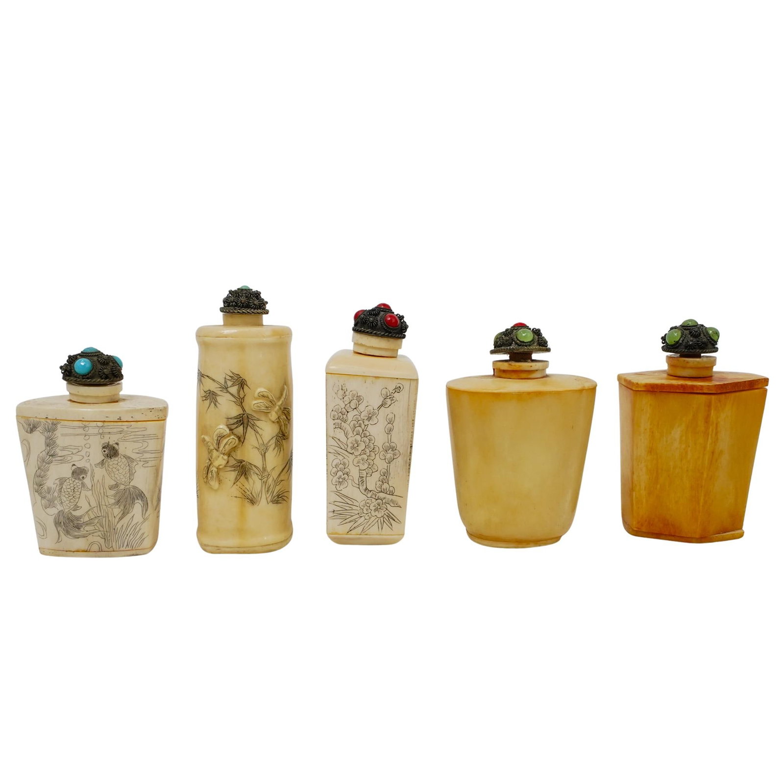 (5 Pc) Japanese Carved Bone Snuff Bottles Grouping: DESCRIPTION: (5 Pc) Japanese Carved Bone Snuff Bottles Grouping. This set includes a total of five (5) snuff bottles, with engraved motifs, and jeweled stopper with beaded cabochons. CIRCA: Early 20th