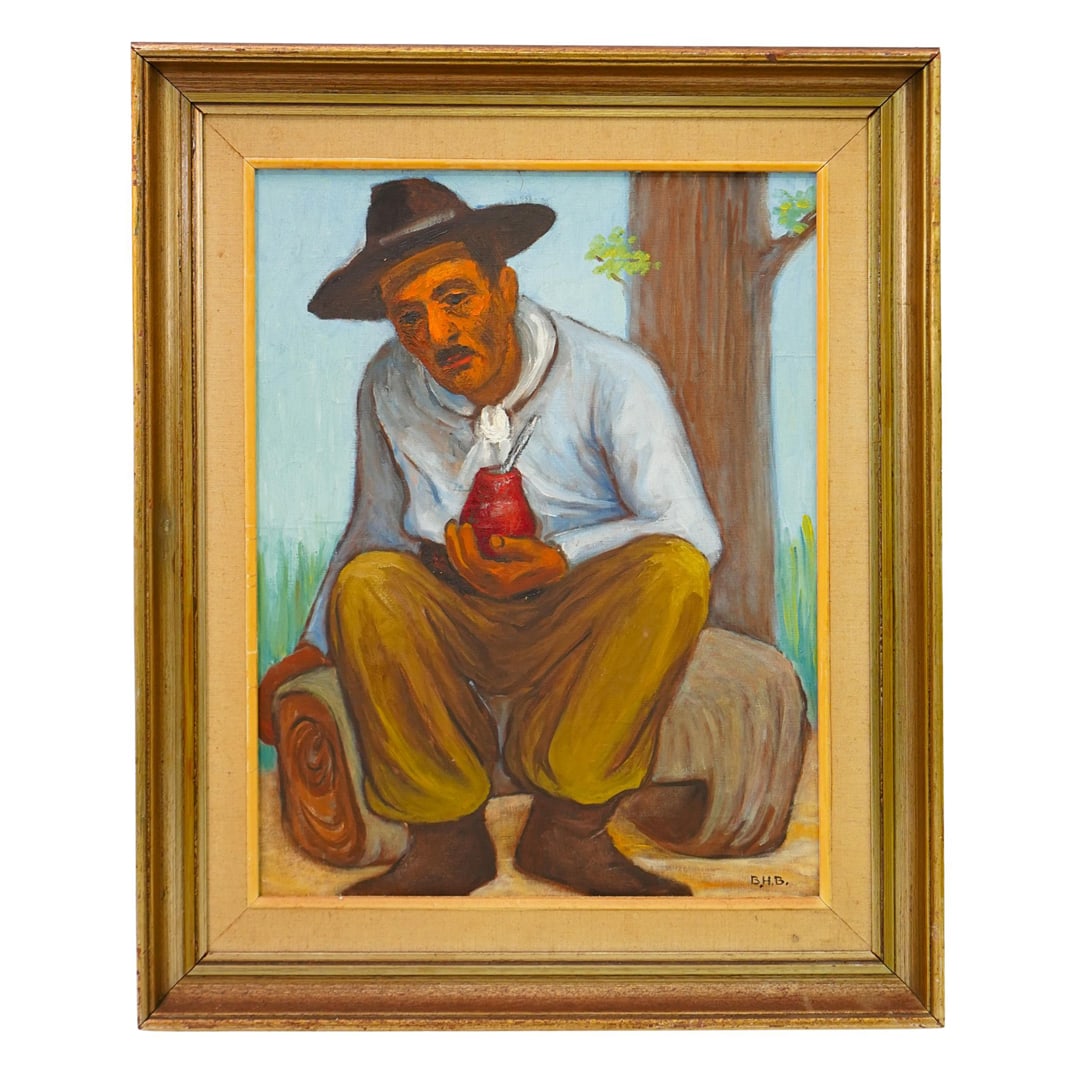 Latin American School Oil Painting on Canvas: DESCRIPTION: This painting depicts a man sitting outdoors, leaning against a tree with a rolled-up blanket beside him. He is dressed in a blue shirt, yellowish-brown pants, and a wide-brimmed hat. The
