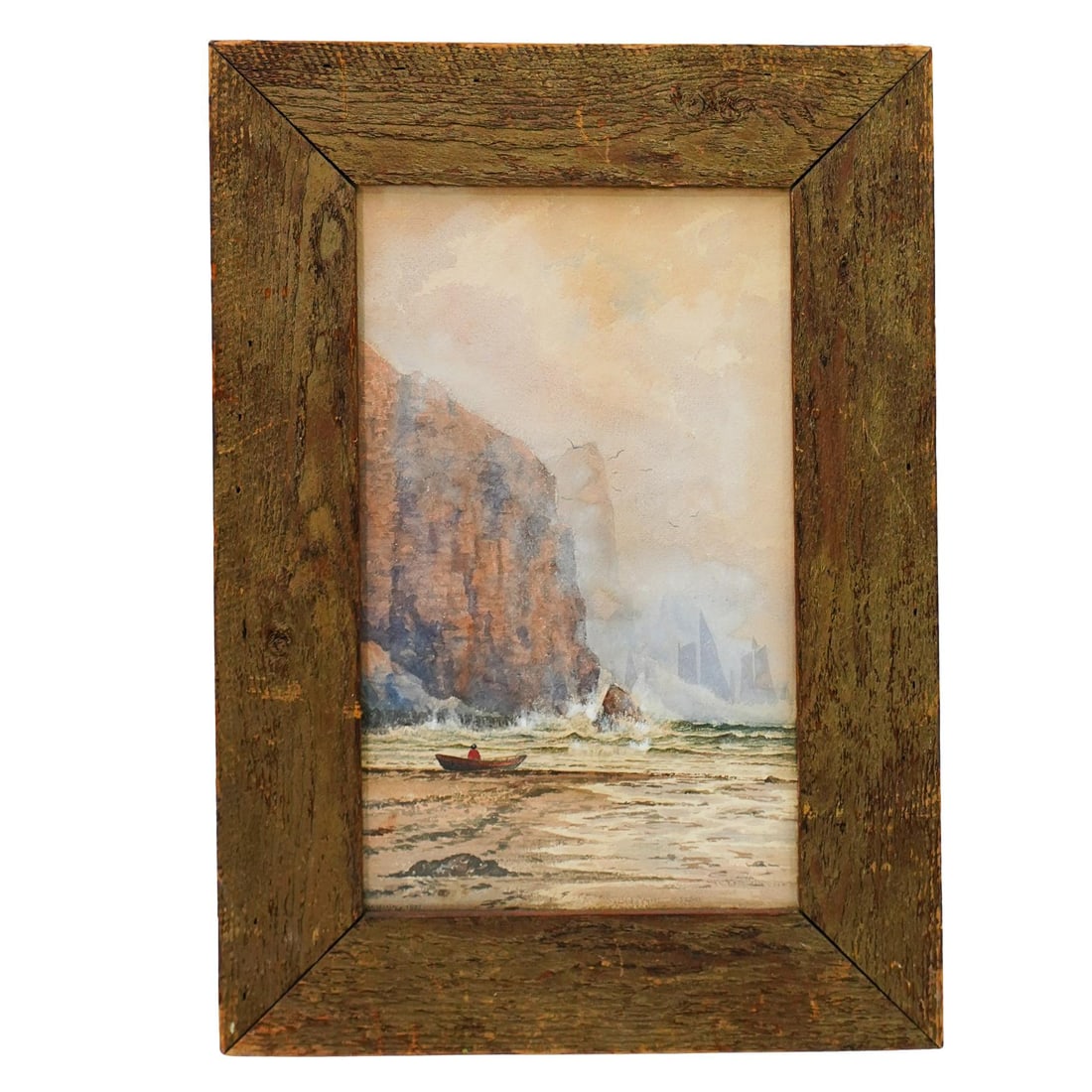 Edward Harvey (American, 1862-1917) Watercolor: DESCRIPTION: This painting of a coastal scene is made with watercolor. Signed. The artwork depicts a maritime setting, with a rugged cliffside on the left, the sea with waves crashing against rocks, a