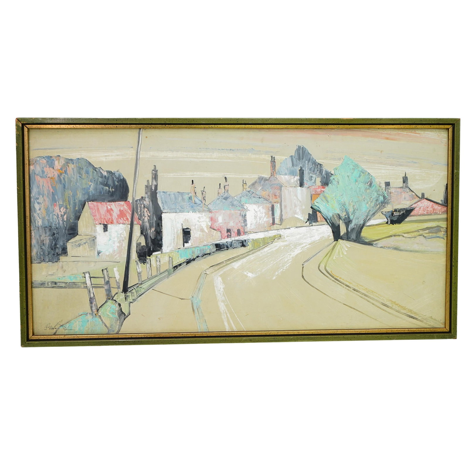 Signed Landscape Oil On Masonite painting: DESCRIPTION: The base of this painting is masonite. The composition features a winding road leading through a collection of houses with white and red walls, surrounded by trees and rolling hills. It h