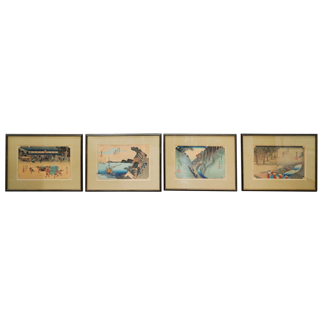 (4 Pc) Utagawa Hiroshige (Japanese, 1797-1858) Woodblock Print Collection: DESCRIPTION: This collection is signed and features each scene in a wooden frame. #53 "Kusatsu" – The scene depicts a lively station where porters are engaged in daily activities. #50 "Tsuchiyama" �