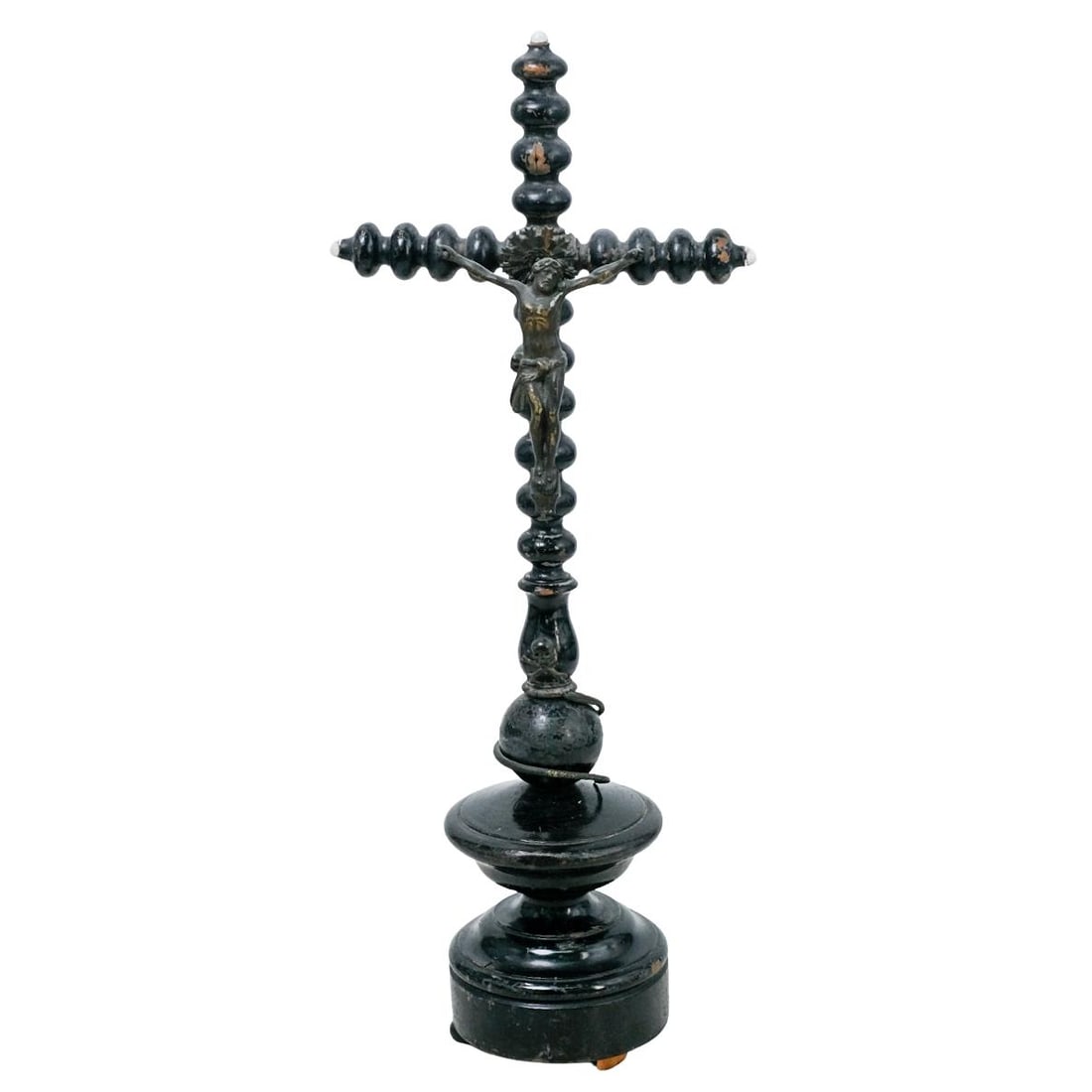 Wooden and Mixed Metal Crucifix: DESCRIPTION: Wooden construction black crucifix. Jesus, halo, skull and cross bones, and snake are all mixed metal. Points of cross are embellished with white enamel pieces. Crucifix can be removed fr