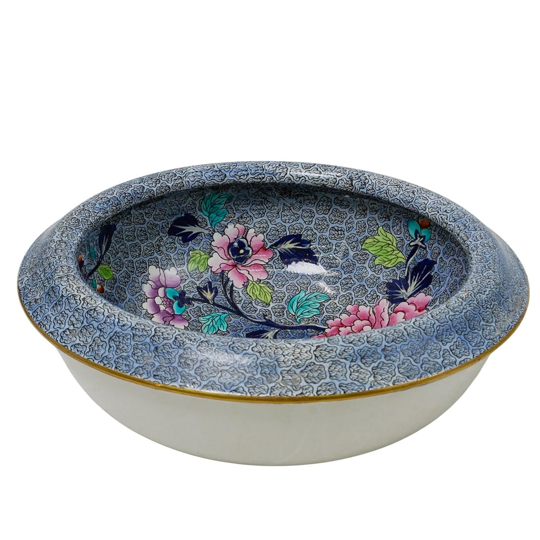 Copeland Spode England Enamel Porcelain Sink Basin: DESCRIPTION: Copeland Spode England Enamel Porcelain Sink Basin. Decorated with with floral and birds motifs, on a patterned ground. With gilt rim. Marked with Copeland Spode England hallmarks on the