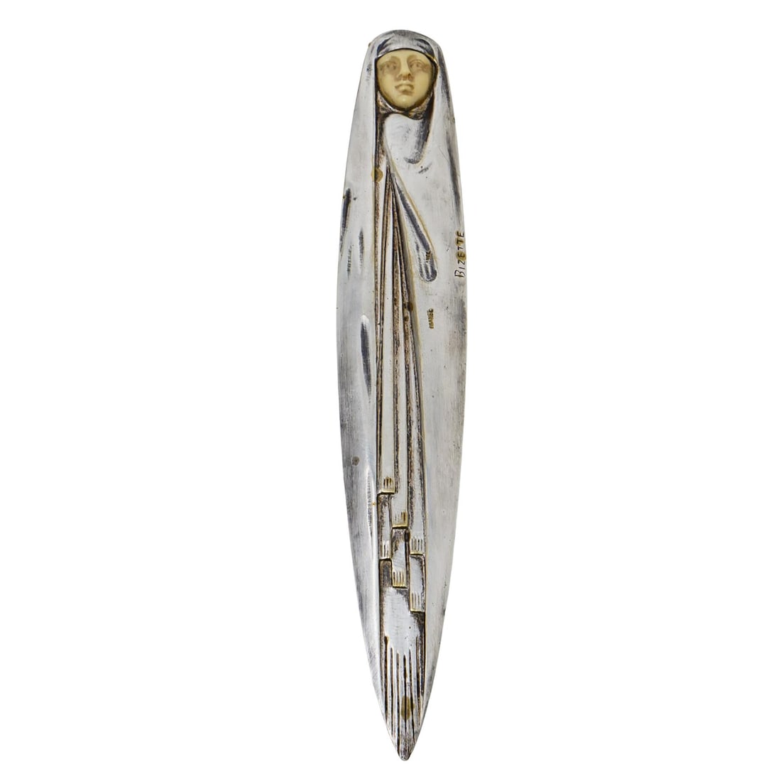 Andre Bizette Lindet Silver Letter Opener in Original Case: DESCRIPTION: Silvered bronze letter opener sculpted to look like a cloaked woman by Andre Bizette Lindet (1906-1998). Marked "Bizette France" on blade. Original green reptile case with silk lining and