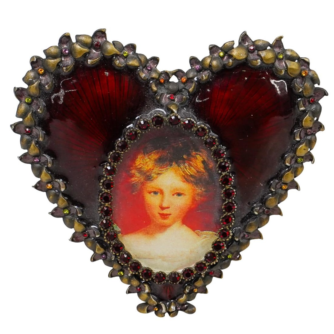 Jay Strongwater Heart Picture Frame: DESCRIPTION: Jay Strongwater designed enameled heart picture frame with floral motifs and jewel decoration. All jewels are intact. Stand on back is also heart-shaped. Frame measure 4x4" and can hold a