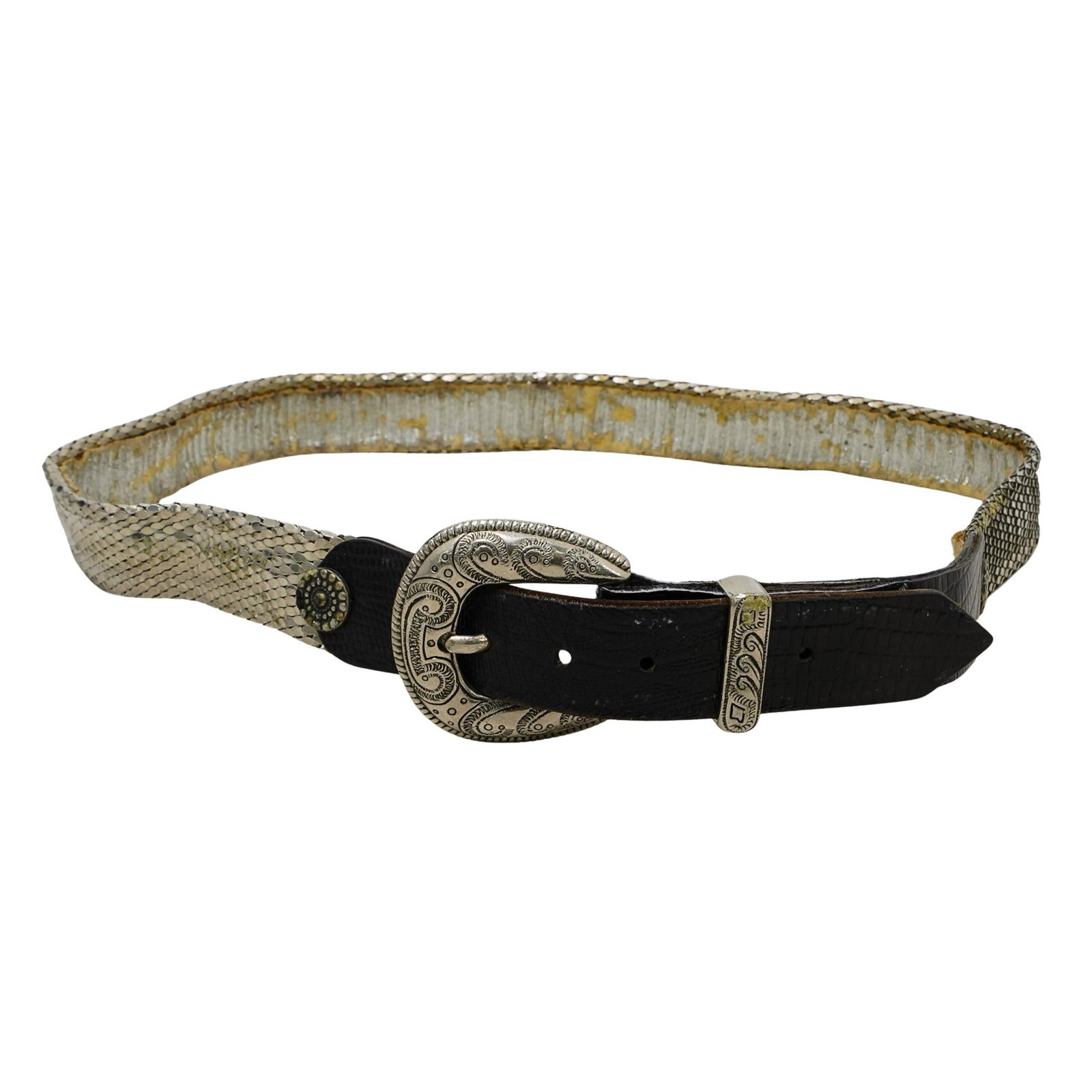 Usmeco Paris Black Leather & Metallic Belt: DESCRIPTION: This is a belt featuring a combination of black leather and metallic snakeskin-like textured material. It has a silver-tone metal buckle with engravings, metal loops, and tip detailing. T