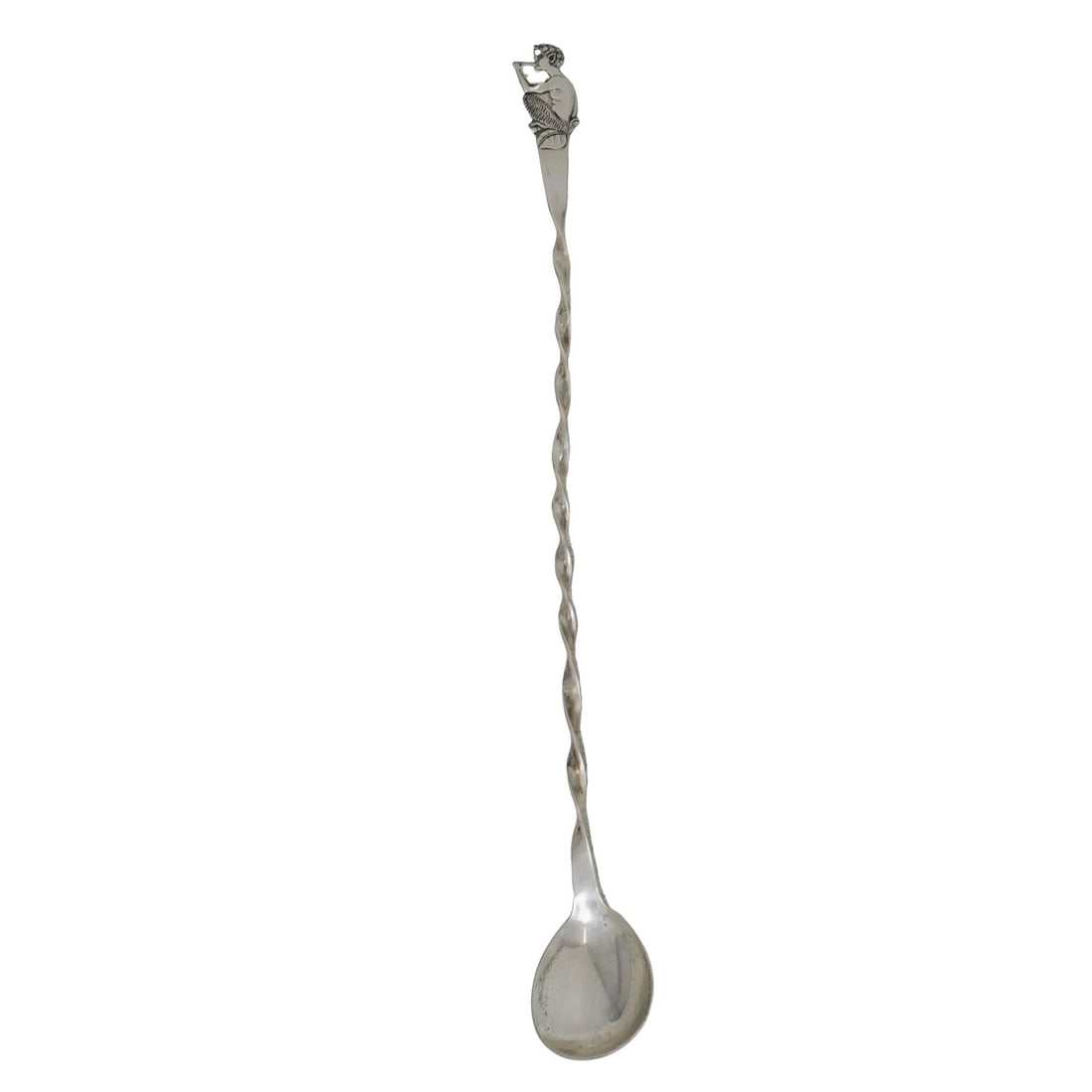 Danish Sterling Silver Large Stirrup Spoon: DESCRIPTION: Danish Kean Sterling Silver Large Stirrup Spoon. Depicts a faun playing a flute and twisted handle. Marked "Sterling Kean Denmark" CIRCA: Mid Century ORIGIN: Denmark DIMENSIONS: L: 14 1/4