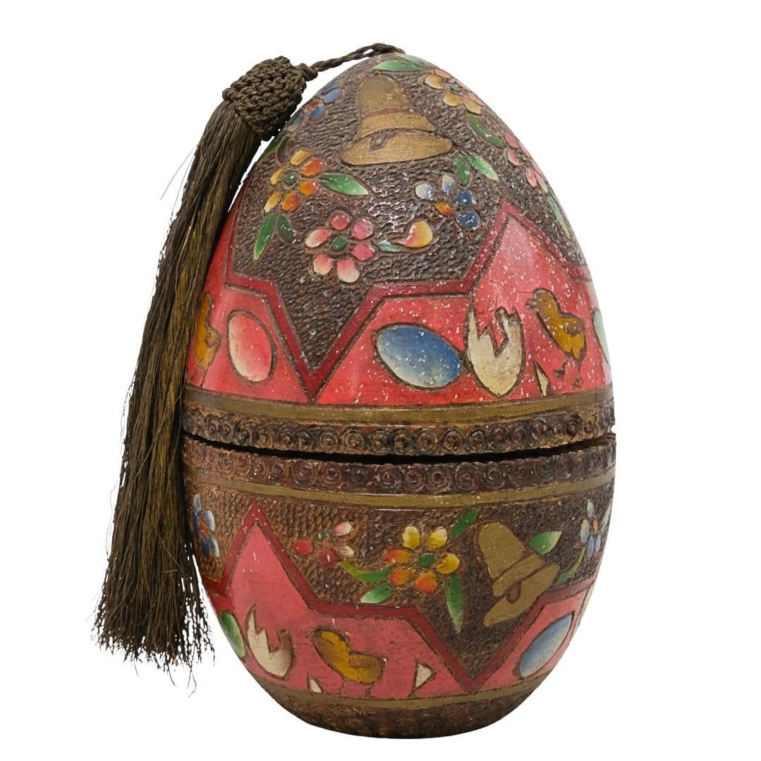 Vintage Folk Art Hand Painted Carved Wood Easter Egg W/ Tassel (1 of 7)