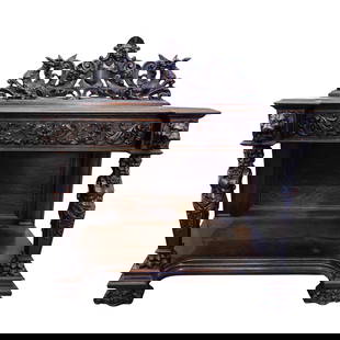 19th Century R.J Horner Mahogany Carved Buffet Server: DESCRIPTION: 19th century carved Mahogany buffet server or sideboard with classical style depictions of dragons, figures, and ornate filigree. Provenance: Mr. and Ms. Castaldi, Private Brooklyn Estate
