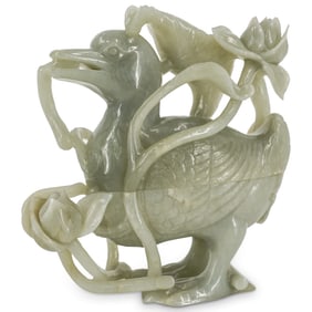 Antique Chinese Celadon Jade Duck And Lotus Covered Box