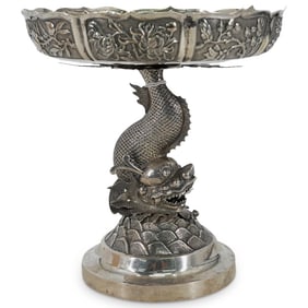 Antique Chinese Export Silver Chiwen Dragon Fish Tazza