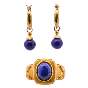 (3 Pc) Signed Fine Gold & Lapis Ring and Earrings
